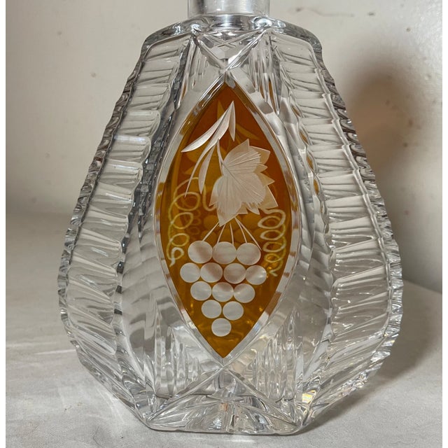Vintage Orange Cut to Clear Czech Bohemian Crystal Glass Liquor Decanter Bottle For Sale - Image 12 of 12