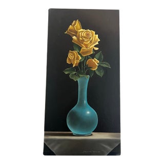 Original Still Life Oil Painting by Joseph Vella Turquoise Vase and Flowers For Sale