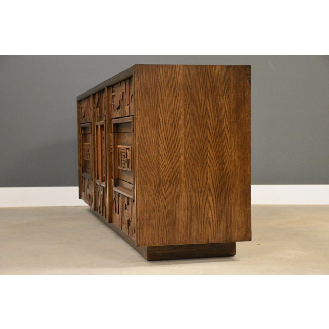 Lane Furniture 1970s Brutalist 78” MCM Lane Pueblo Walnut Dresser For Sale - Image 4 of 11