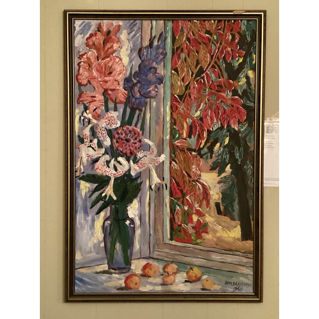 Mid-Century Modern Mid 20th Century Swedish Still Life With Flowers in Vase at Window For Sale - Image 3 of 11