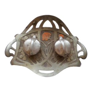 Antique Art Nouveau Austria Geschutzt Double Inkwell W Pen Holder, Flower Design