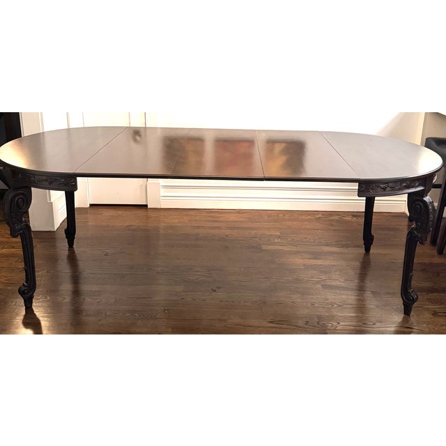 Chocolate Vintage Hand-Carved Mahogany Veneer Extension Dining Table - 40.5" Round to 88.5" For Sale - Image 8 of 11