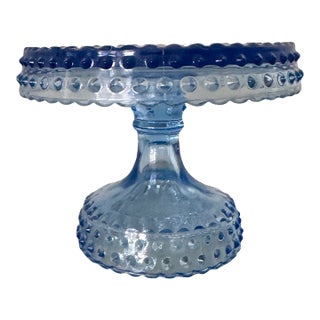Vintage L E Smith Blue Glass Hobnail Pedestal Cake Stand For Sale