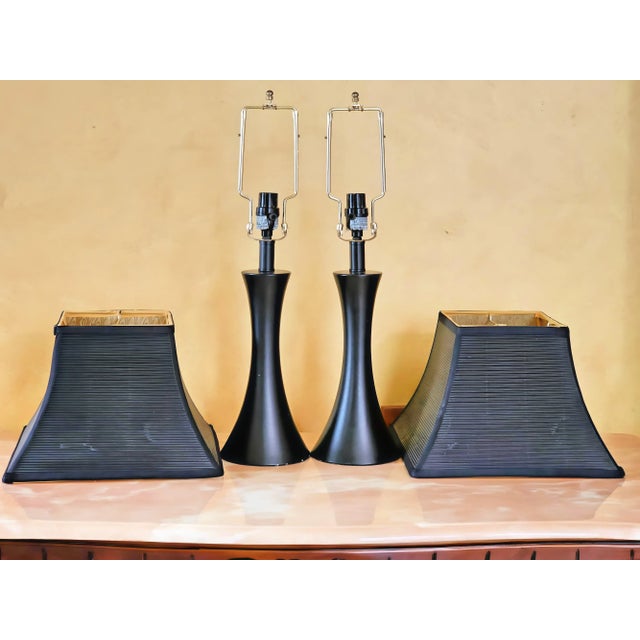 Black Art Deco Black Table Lamps With Black Ribbed Shades With Gold Foil Lining by Intertek, a Pair For Sale - Image 8 of 12