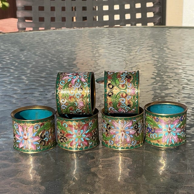 Gold Champleve Cloissone Enamel Chinese Napkin Rings- Set of 6 For Sale - Image 8 of 8