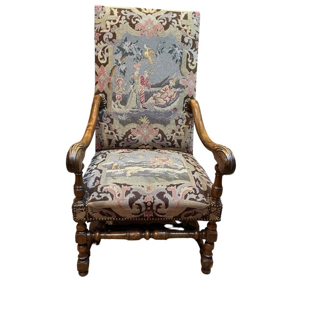 19th Century French Needlepoint Carved Walnut Throne Chair For Sale In San Antonio - Image 6 of 11