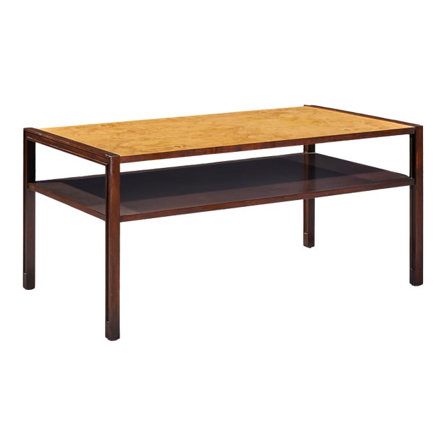 Edward Wormley for Dunbar Mid Century 2-Tier Burlwood and Mahogany Coffee Table For Sale