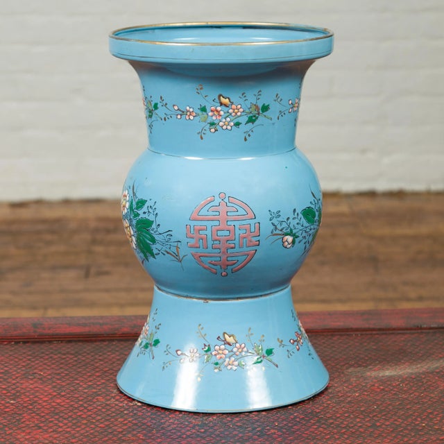 Metal Vintage Chinese Hand Painted Blue Metal Vase with Calligraphy and Floral Décor For Sale - Image 7 of 12
