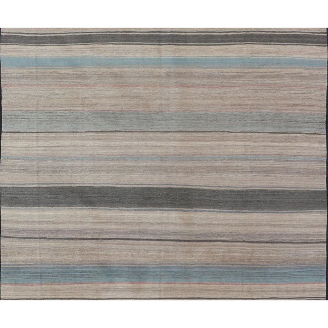 Blue Modern Kilim Rug With Large Stripes in Shades of Blue Taupe Gray For Sale - Image 8 of 13