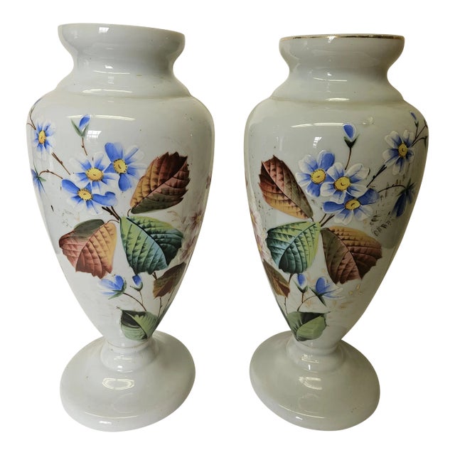 Antique French Hand Painted White Opaline Vases - a Pair For Sale