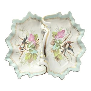 1890s Antique French Porcelain Divided Serving Dish Bowl, Bird Motif