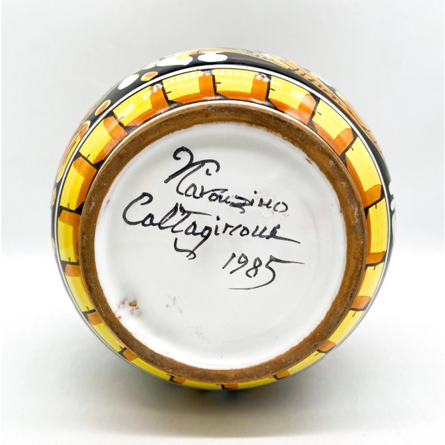 1980's Italian Caltagirone Ceramics Polychrome Hand Painted Terra Cotta Vase For Sale In Houston - Image 6 of 8