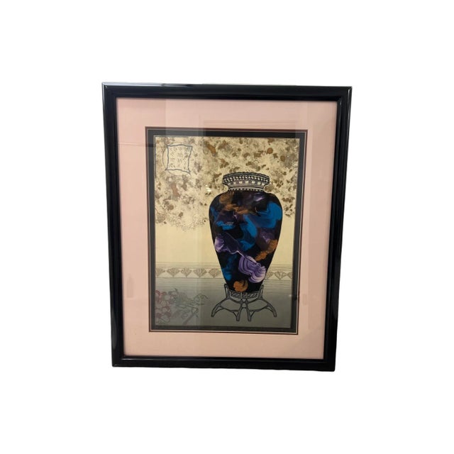 Wood Vintage Postmodern 1980s Windsor Karen Chambellan “Grape Vase” Framed Art Print Vase Decorative Oriental Signed For Sale - Image 7 of 10