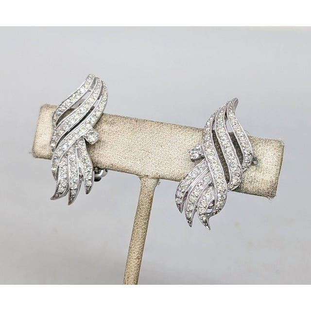 1960s Vintage Signed Polcini Rhodium Plated Clear Rhinestone Clip Earrings-2 Pieces For Sale - Image 5 of 7
