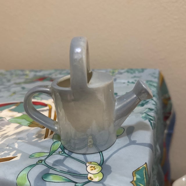 Shabby Chic Vintage Miniature Ceramic Watering Can Figurine – Iridescent Lusterware With Victorian Girl Portrait, Shabby Chic Curio Decor For Sale - Image 3 of 7