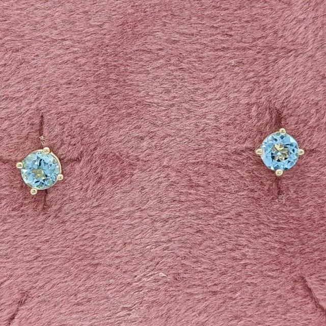 Aquamarine Four Prong Solitaire Stud Earrings in Solid 14k Gold Round - 2 Pieces For Sale In Columbus - Image 6 of 6