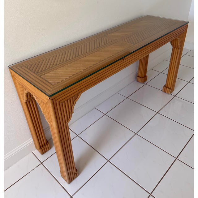 Asian Vintage Ming-Style Pencil Reed Console Table With a Glass Top. For Sale - Image 3 of 8