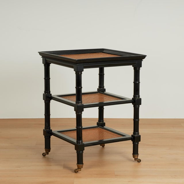 Pair of Vintage British Colonial Style Faux Bamboo Three Tiered Caned Stands For Sale - Image 14 of 17