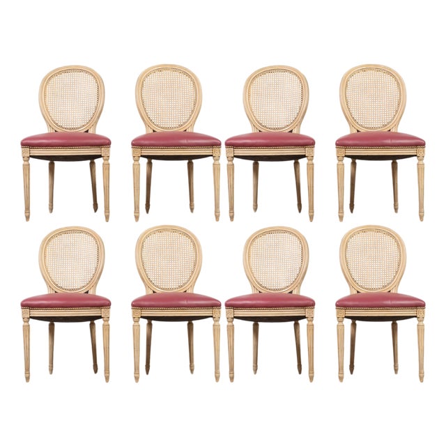 Set of Eight Louis XVI Style Caned Painted Dining Chairs For Sale
