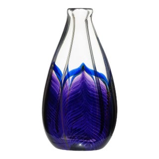 Studio Zellique Joseph Morel 1987 Signed Purple Blue Peacock Feather Vintage Art Glass Vanity Flower Vase For Sale