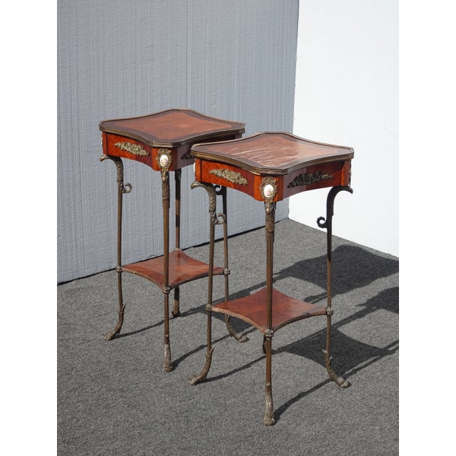 1930s Vintage French Louis XVI Gueridon Bronze and Marquetry Inlay Tables - Set of 2 For Sale - Image 4 of 13