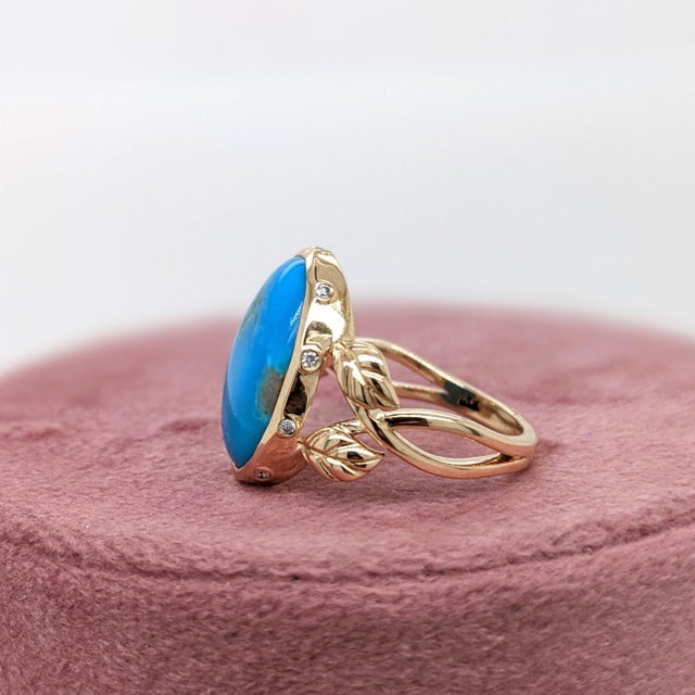 Metal 5.3ct Turquoise Ring With Earth Mined Diamond Accents: In Solid 14k Gold , Size 6.75 For Sale - Image 7 of 9