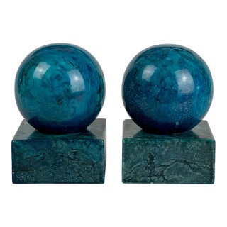 Pair of Vintage Blue Italian Marble Bookends/Objet D’Art Spheres on Square Pedestals For Sale