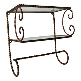 Italian Gilt Rope Two-Tier Wall Shelf Towel Bar Vintage Mid-Century For Sale