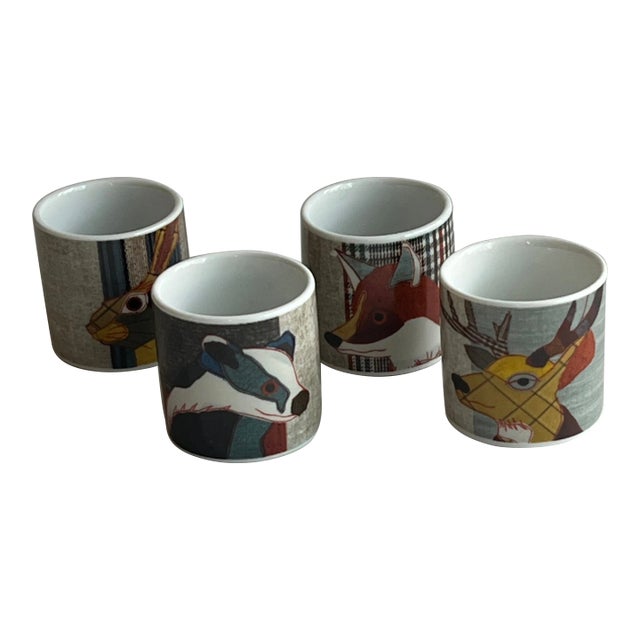 Egg Cups With Animals and Plaid Background For Sale