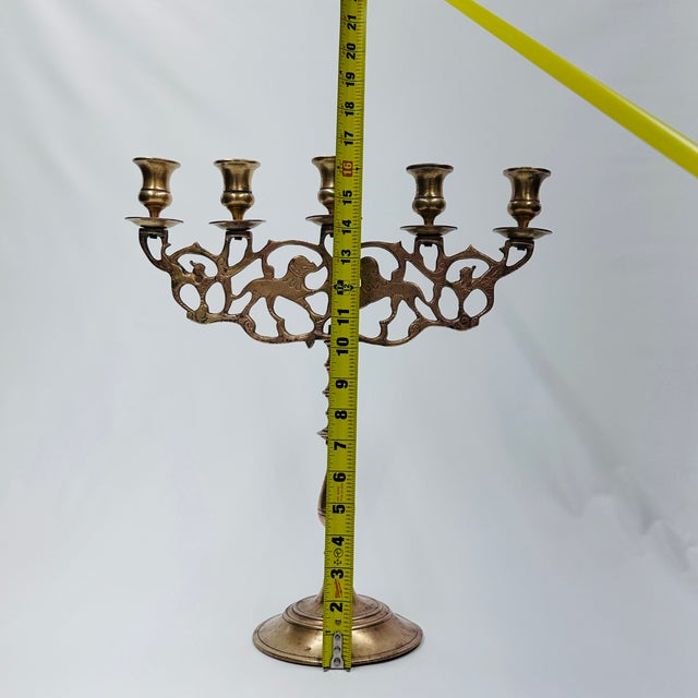 Early 20th Century 5 Candle Brass Polish Jewish Shabbat Candelabra "Lions of Judah" For Sale - Image 9 of 14