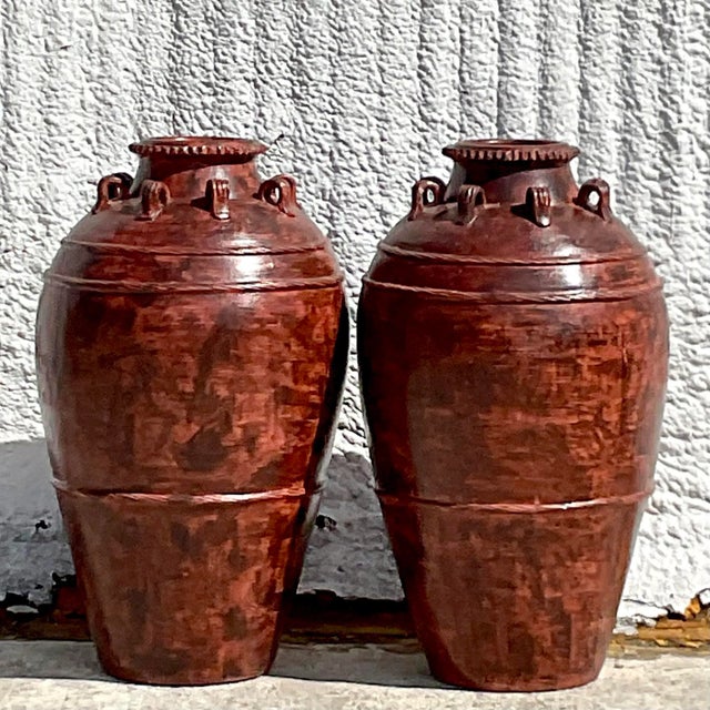 Vintage Boho Painted Terracotta Urn - a Pair For Sale - Image 4 of 6