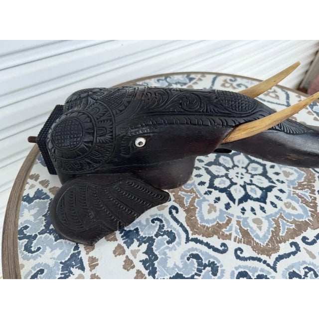 Late 20th Century Handcrafted Dark Wood Elephant With Resin Tusk Sculpture For Sale In Houston - Image 6 of 9