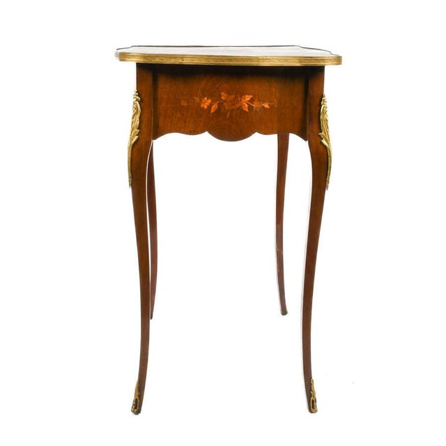 Antique French Style Mahogany Marquetry Side Table With Ormolu Mounts For Sale - Image 4 of 6