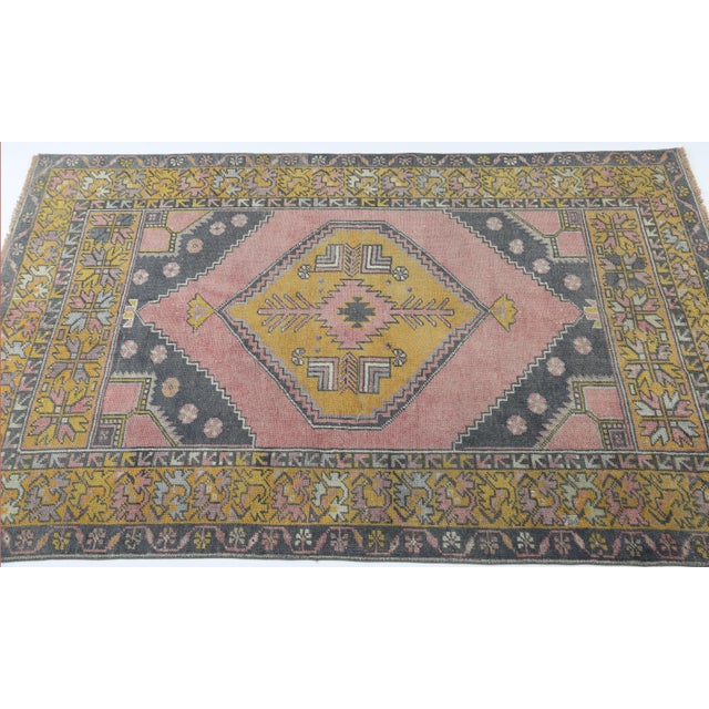 Textile Vintage Turkish Konya Rug – Hand-Knotted Wool in Blush Rose, Mustard Gold & Charcoal - 3' 8'' X 5' 9'' For Sale - Image 7 of 10