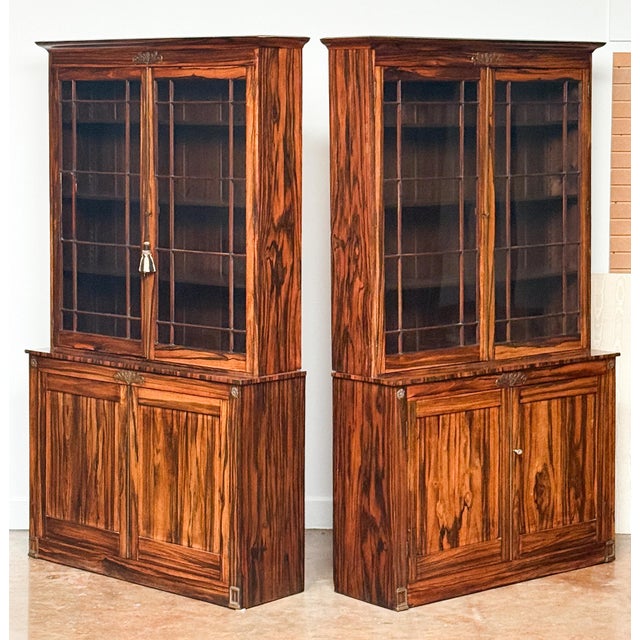 Early 20th Century English Two-Tiered Glass Front Bookcases of Figured Wood - Two Available For Sale - Image 5 of 17