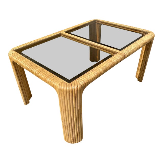 Vintage Split Bamboo Dining Table With Smoked Glass For Sale