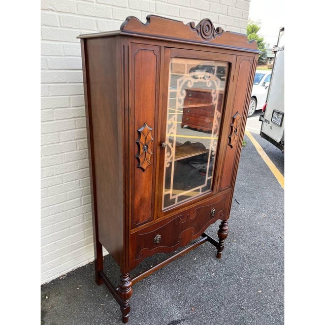 Brown Early 20th Century Jacobean Revival Style Walnut Display China Cabinet For Sale - Image 8 of 14