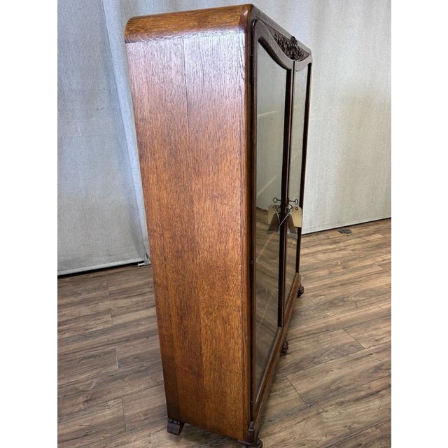 French Antique French Carved Quarter Sawn Tiger Oak Bookcase ~Double Door Curio Cabinet For Sale - Image 3 of 5