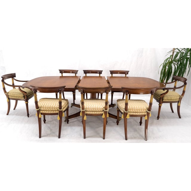 Wood Single Pedestal One Leaf Oval Banded Dining Table 8 Regency Chairs Set MINT! For Sale - Image 7 of 18