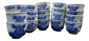 Edo Hand-Painted Yunomi Tea Cups, Japan, Set of 18