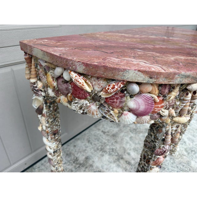 Wood Seashell Encrusted Vintage Console Table With Faux Marble Hand Painted Top For Sale - Image 7 of 12