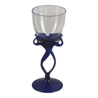 Late 20th Century Art Glass Jelly Fish Attributed Jozefina Krosno Blue Stem Wine Glass For Sale
