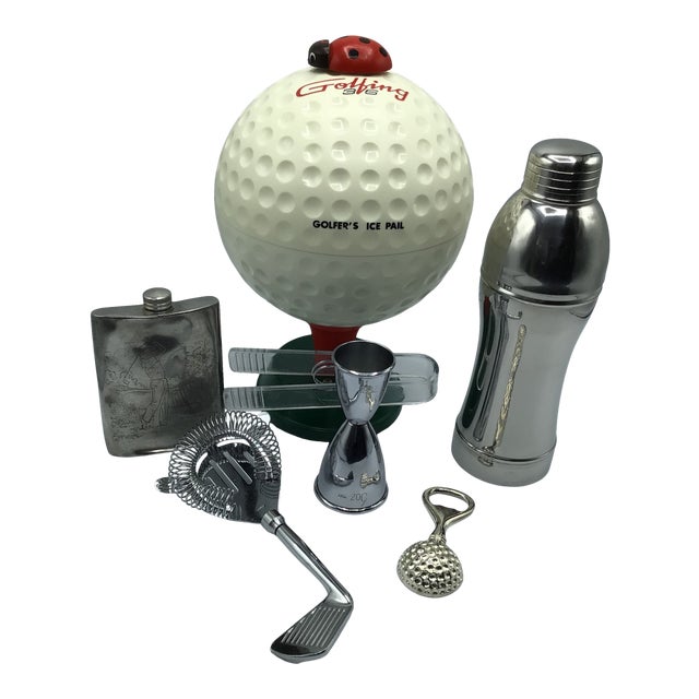 Vintage Golfer’s Ice Bucket, Etched English Pewter Flask, Jigger