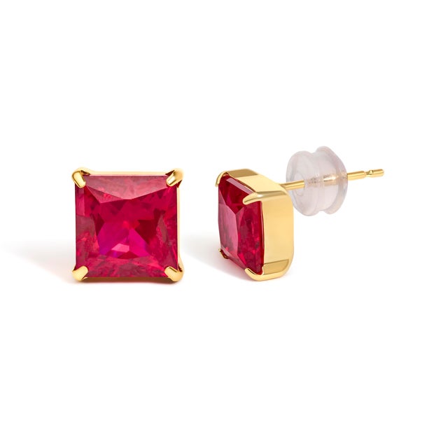 Contemporary 18K Yellow Gold 7x7 MM Created Red Ruby Princess Cut Solitaire Stud Earrings, Pair For Sale - Image 3 of 4