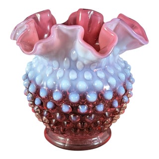 Fenton Midcentury Cranberry Hobnail Opalescent Glass Bud Vase 4.5" For Sale
