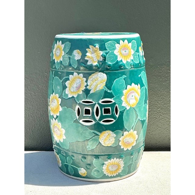 Late 20th Century Vintage Floral Glazed Ceramic Low Stool For Sale - Image 5 of 12