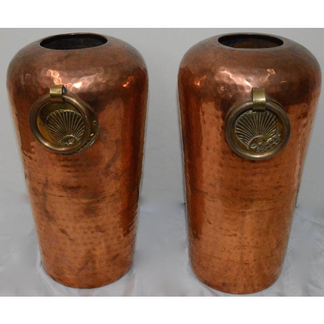 Pair of Hammered Copper Vases With Egyptian Details For Sale - Image 4 of 8