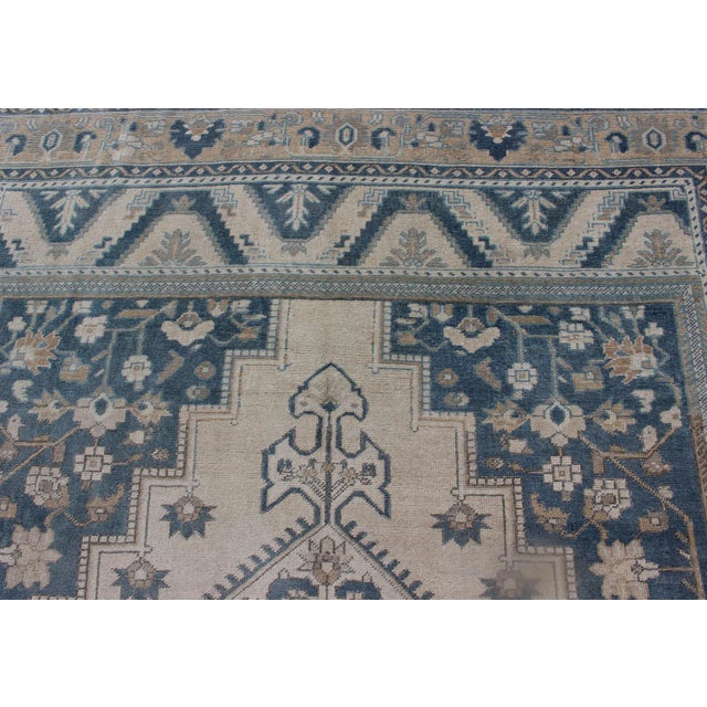 Vintage Turkish Oushak Rug With Geometric Design in Blue, Taupe and Sand For Sale - Image 10 of 13