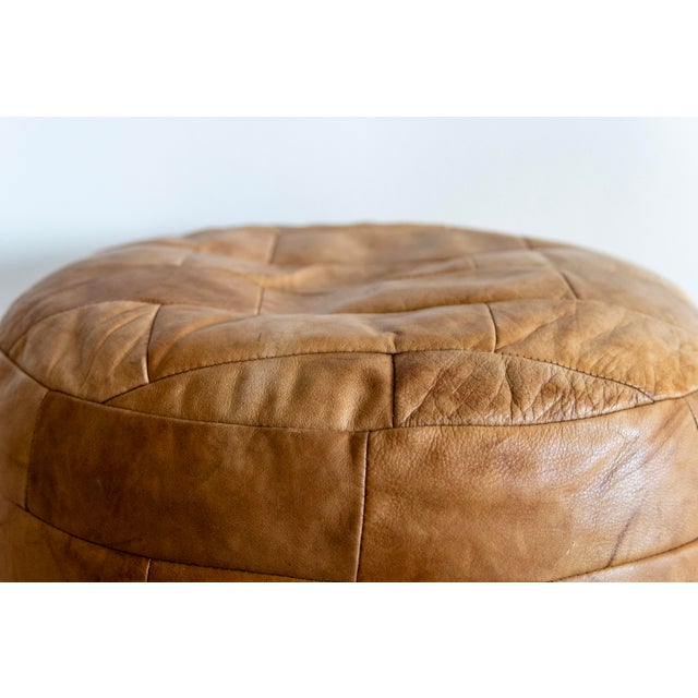 Mid-Century Modern Vintage Leather Patchwork Ottoman in Tan Attributed to De Sede For Sale - Image 3 of 8