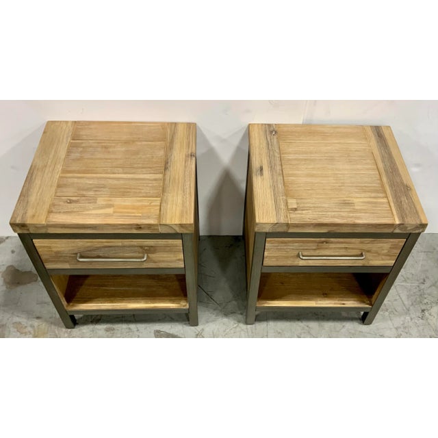 Stylish Organic Modern Rustic Wood Nightstands Pair, gray metal frame and hardware, one drawer, showroom floor sample
